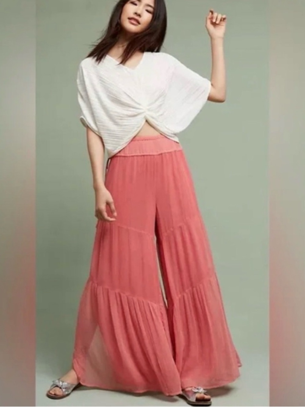 elevenses Coral Pink Sheer Tiered Wide-Leg Pants